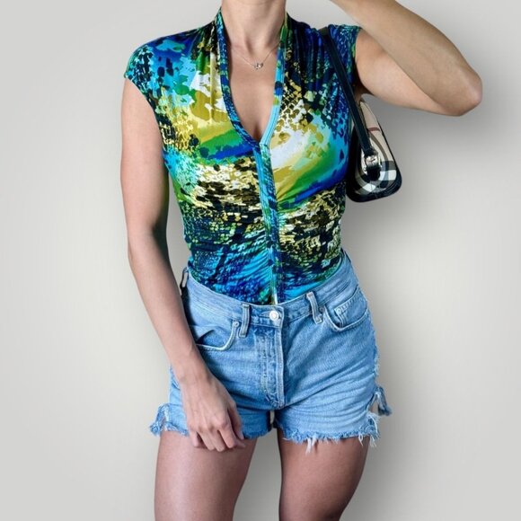 Y2K CACHE Abstract Snake Print Ruched V-Neck Babydoll Tee Stretch Eclectic Small - Picture 1 of 7